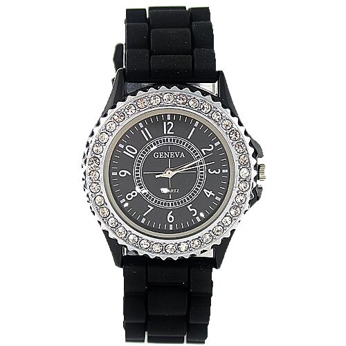 Ceas de dama Geneva, din silicon, cu cristale argintii, negru