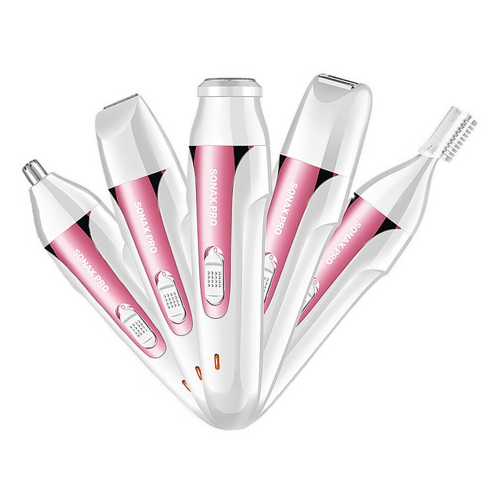 Set ingrijire Corporala 5in1 Personal Care Epilator, Shaver, Indepartarea parului Fata si Corp, Nas, Sprancene Femei, SonaxPro, Pink