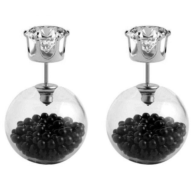 Cercei dama cu margele, argintii/negri, 2.5 cm inaltime cercei