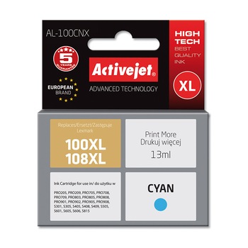 Cartus compatibil 100XL 108XL Cyan pentru Lexmark 14N1069E, 13 ml, Premium Activejet, Garantie 5 ani Cartus compatibil 100XL 108XL Cyan pentru Lexmark 14N1069E, 13 ml, Premium Activejet, Garantie 5 ani