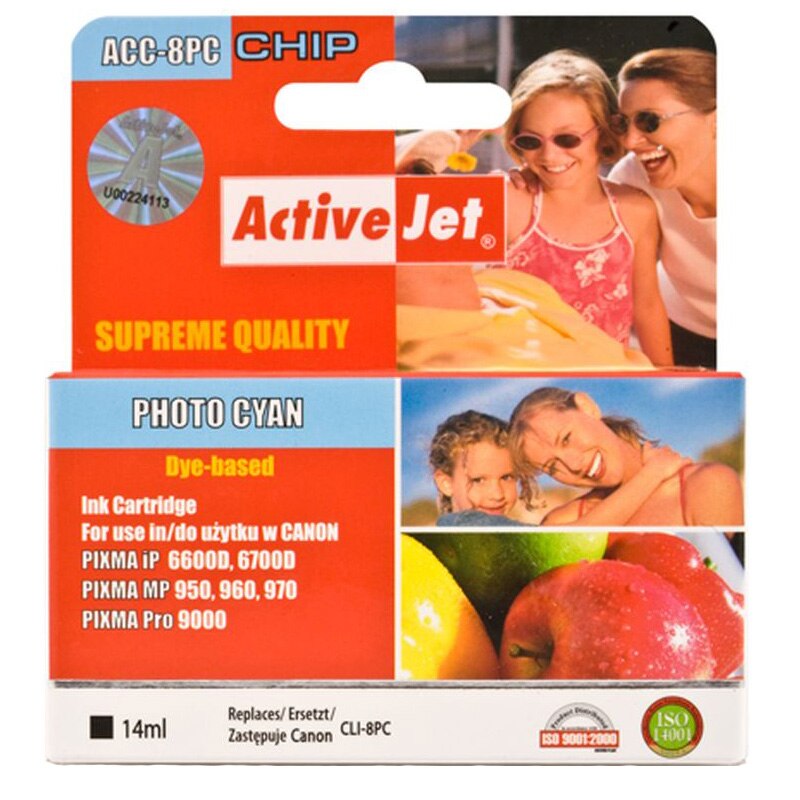 Cartus compatibil CLI-8PC Photo Cyan pentru Canon, 14 ml, Premium Activejet, Garantie 5 ani