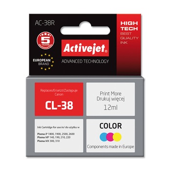 Cartus compatibil CL-38 Color pentru Canon, 12 ml, Premium Activejet, Garantie 5 ani Cartus compatibil CL-38 Color pentru Canon, 12 ml, Premium Activejet, Garantie 5 ani