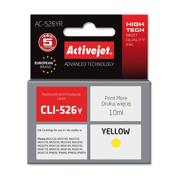 Cartus compatibil Canon CLI-526Y Yellow, 10 ml, Premium Activejet, Garantie 5 ani Cartus compatibil Canon CLI-526Y Yellow, 10 ml, Premium Activejet, Garantie 5 ani