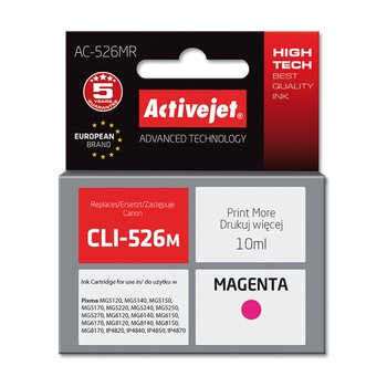 Cartus compatibil Canon CLI-526M Magenta, 10 ml, Premium Activejet, Garantie 5 ani Cartus compatibil Canon CLI-526M Magenta, 10 ml, Premium Activejet, Garantie 5 ani