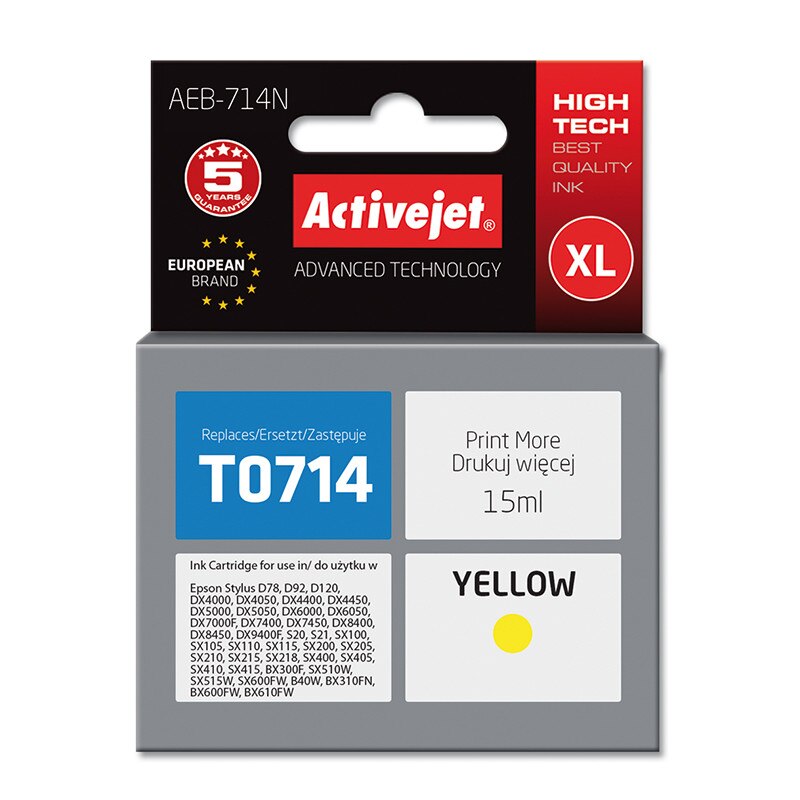 Cartus compatibil T0714 C13T071440 Yellow pentru Epson, 15 ml, Premium Activejet, Garantie 5 ani
