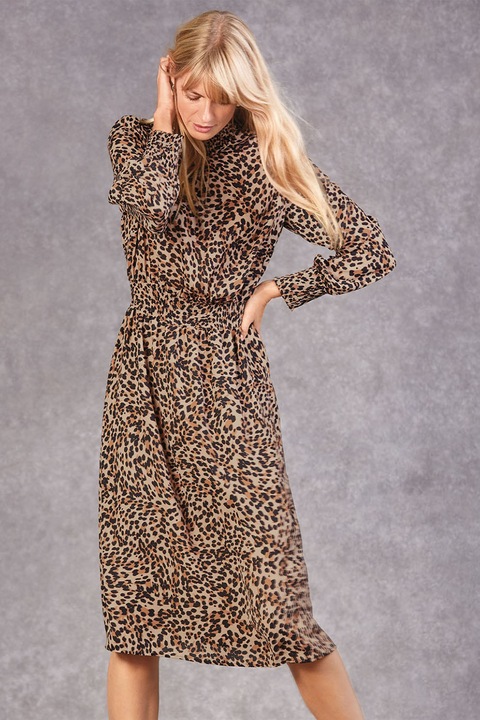 NEXT, Rochie cu animal print si fronseuri, Maro, 12T