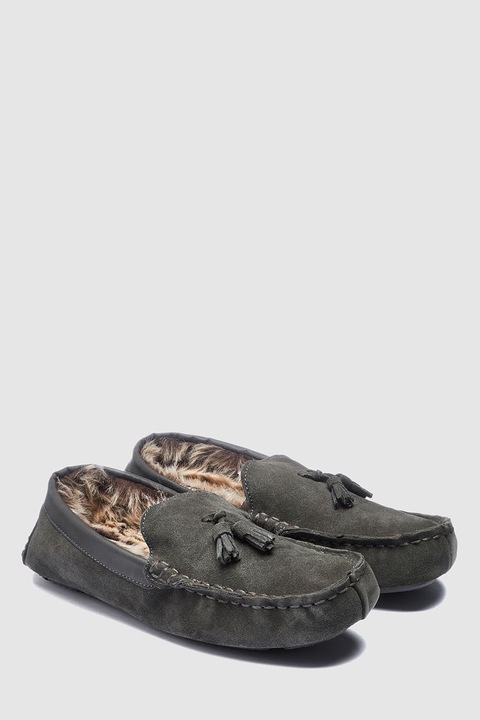 NEXT, Pantofi loafer de piele intoarsa, cu detalii cu canafi, Gri inchis, 11.5