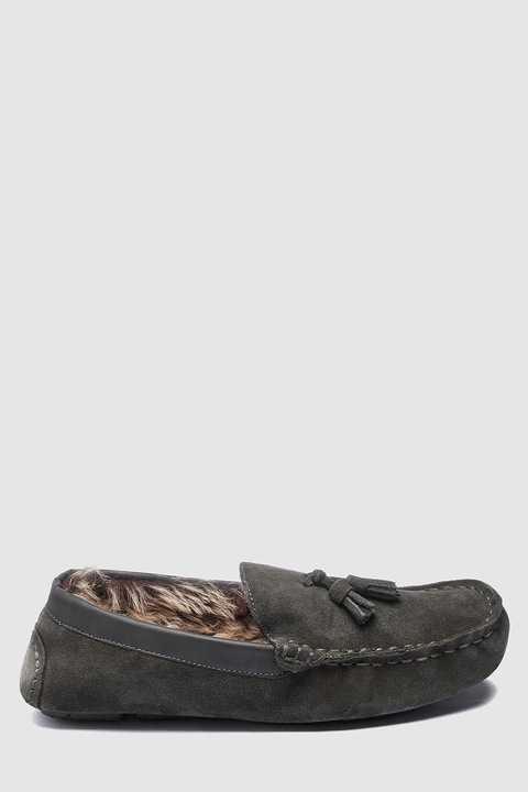 NEXT, Pantofi loafer de piele intoarsa, cu detalii cu canafi, Gri inchis, 11.5