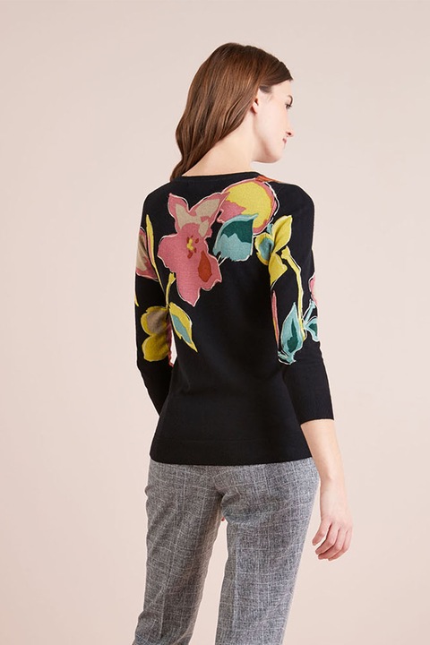 NEXT, Bluza din jerseu cu motive florale, Negru/Roz/Galben mustar, 14