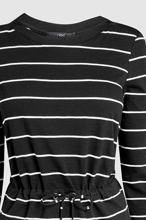 NEXT, Rochie cu model in dungi si snur in talie, Negru/Alb, 20T