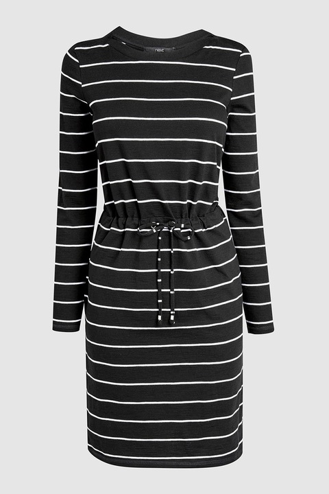 NEXT, Rochie cu model in dungi si snur in talie, Negru/Alb, 20T