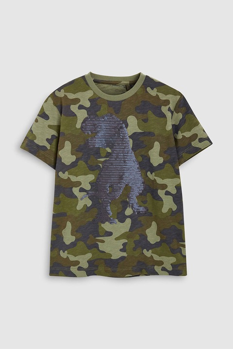 NEXT, Tricou cu imprimeu camuflaj si aplicatie cu paiete, Verde/Auriu, 12Y Standard