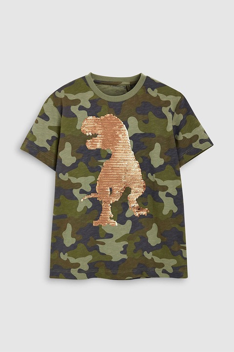 NEXT, Tricou cu imprimeu camuflaj si aplicatie cu paiete, Verde/Auriu, 12Y Standard