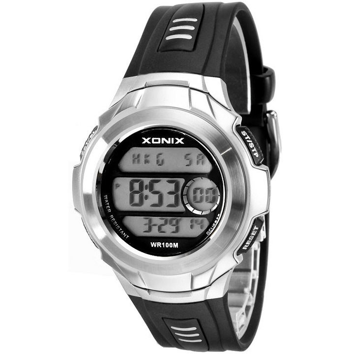 Ceas electronic Xonix, Argint/Negru, data, 8x alarme, functii sport, lumina de fundal, WR100M