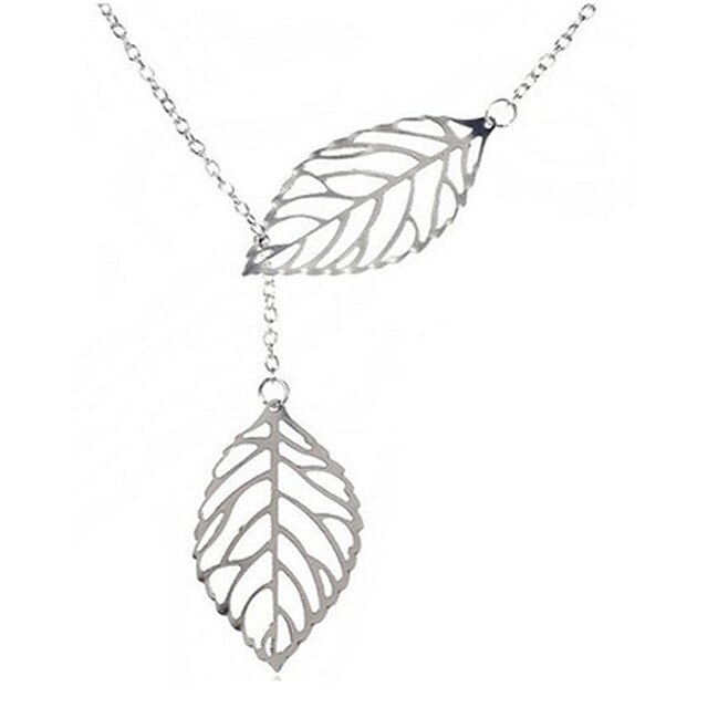 Lantisor dama cu doua pandantive frunza, argintiu, 30 cm lungime lantisor