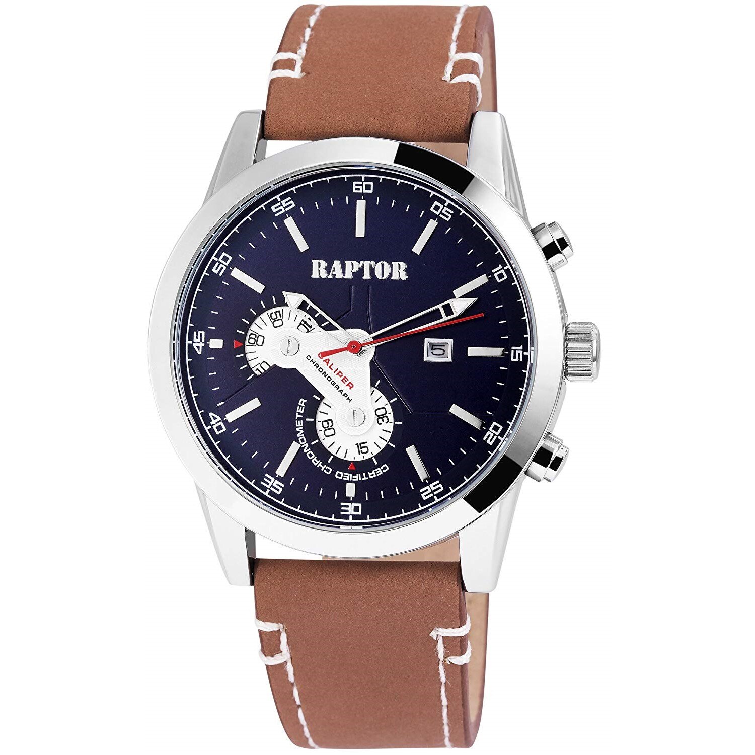 Ceas barbatesc, Raptor, aparenta chrono, carcasa argintie, cadran bleumarin, data, curea piele maro, 48mm