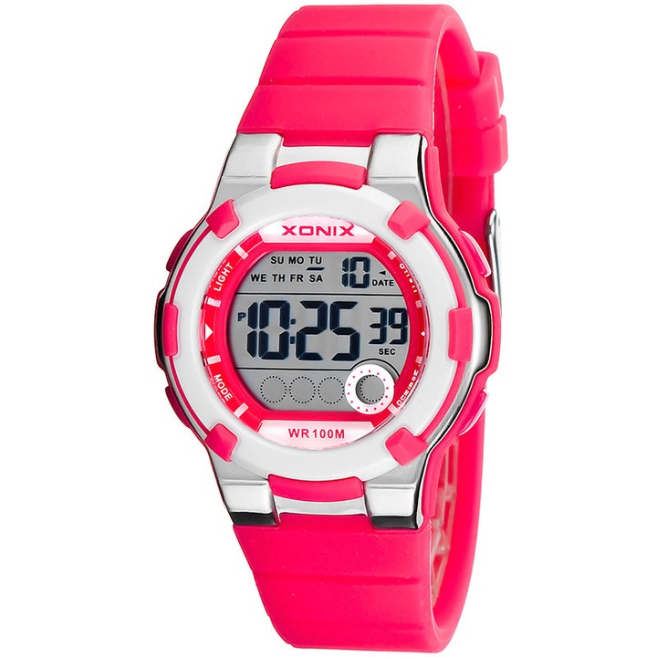 Ceas digital Xonix, Roz/Alb, copii, functii sport, rezistenta la apa 10 ATM