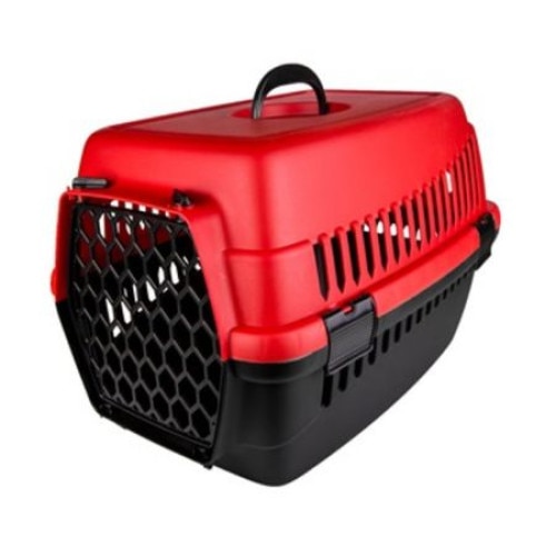 Cusca din plastic dur pentru transport animale companie, cu usa si maner, rosu-negru