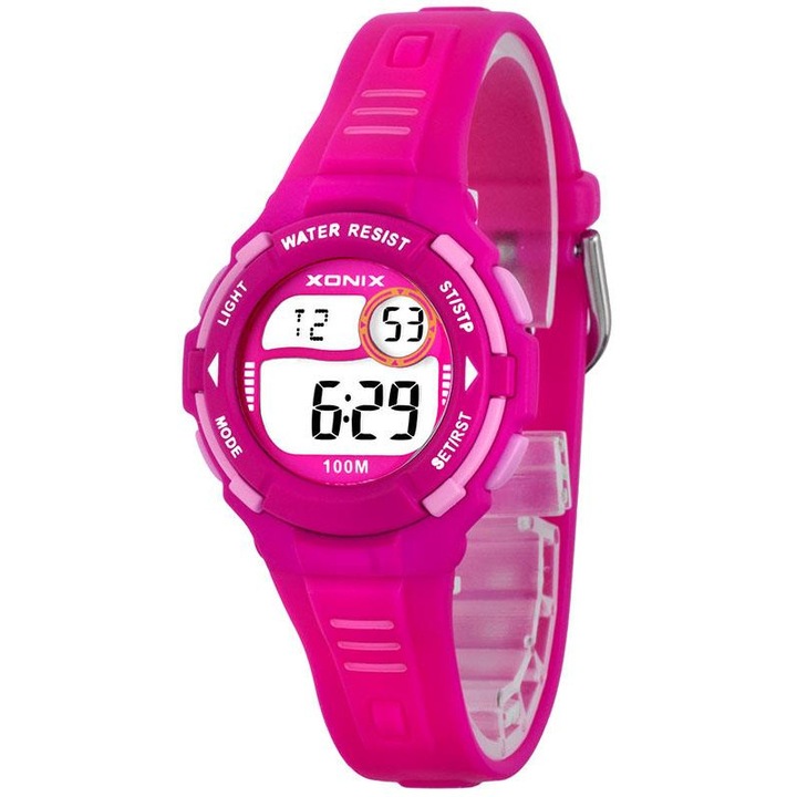 Ceas digital pentru copii Xonix, Roz, functii sport, rezistenta la apa 10 ATM