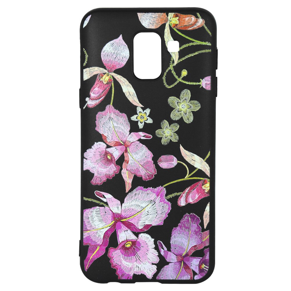 Husa Silicon Just Must Printed Embroidery pentru Samsung Galaxy J6 2018, Pink Flowers