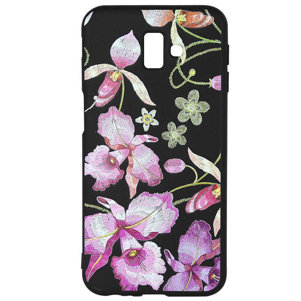Husa Silicon Just Must Printed Embroidery pentru Samsung Galaxy J6 Plus, Pink Flowers