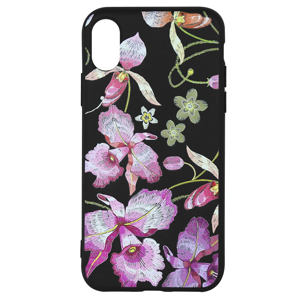 Husa Silicon Just Must Printed Embroidery pentru iPhone XS / X, Pink Flowers