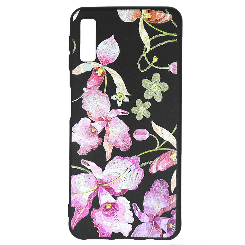 Husa Silicon Just Must Printed Embroidery pentru Samsung Galaxy A7 2018, Pink Flowers