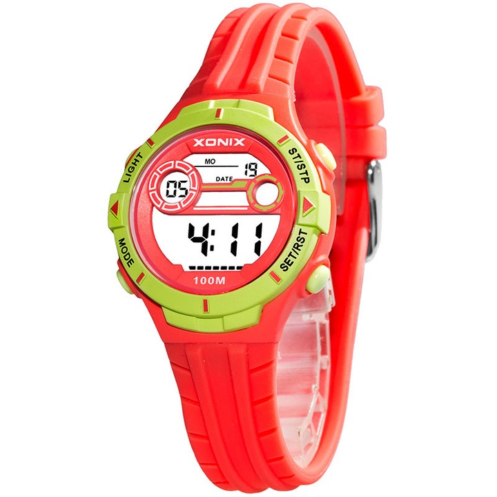 Ceas copii Xonix, Rosu/Verde, digital, functii sport, iluminare de fundal, rezistenta la apa 10 ATM