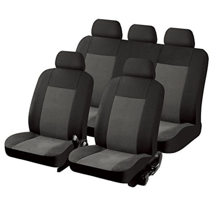 Комплект калъфи за седалки за кола Amio ЕCОNOMIC Тапицерия за кола предни +задни седалки 6 части универсална Черно + сиво