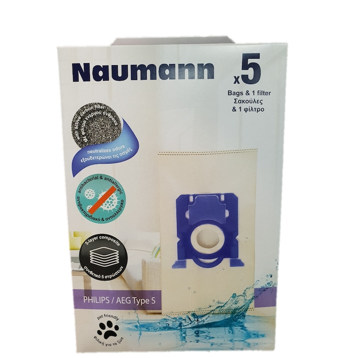 Синтетични торбички Naumann за прахосмукачки PHILIPS/AEG/ELECTROLUX, NMTypeS, (5 бр.+ 1 бр. филтър)