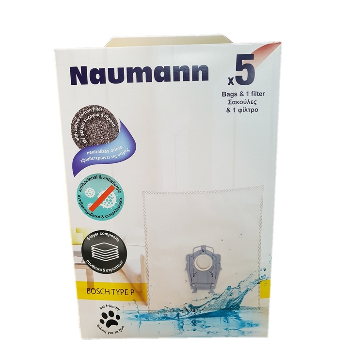 Синтетични торбички Naumann за прахосмукачки Bosch/Siemens, NMTypeP, (5 бр.+ 1 бр. филтър)