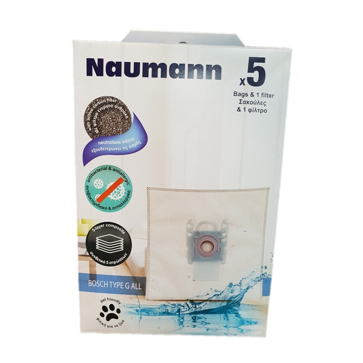 Синтетични торбички Naumann за прахосмукачки Bosch/Siemens, NMGALL, (5 бр.+ 1 бр. филтър)