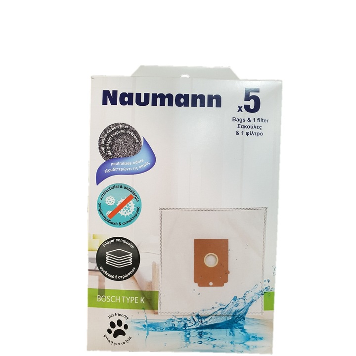 Синтетични торбички Naumann за прахосмукачки Bosch/Siemens, NMTypeK, (5 бр.+ 1 бр. филтър)
