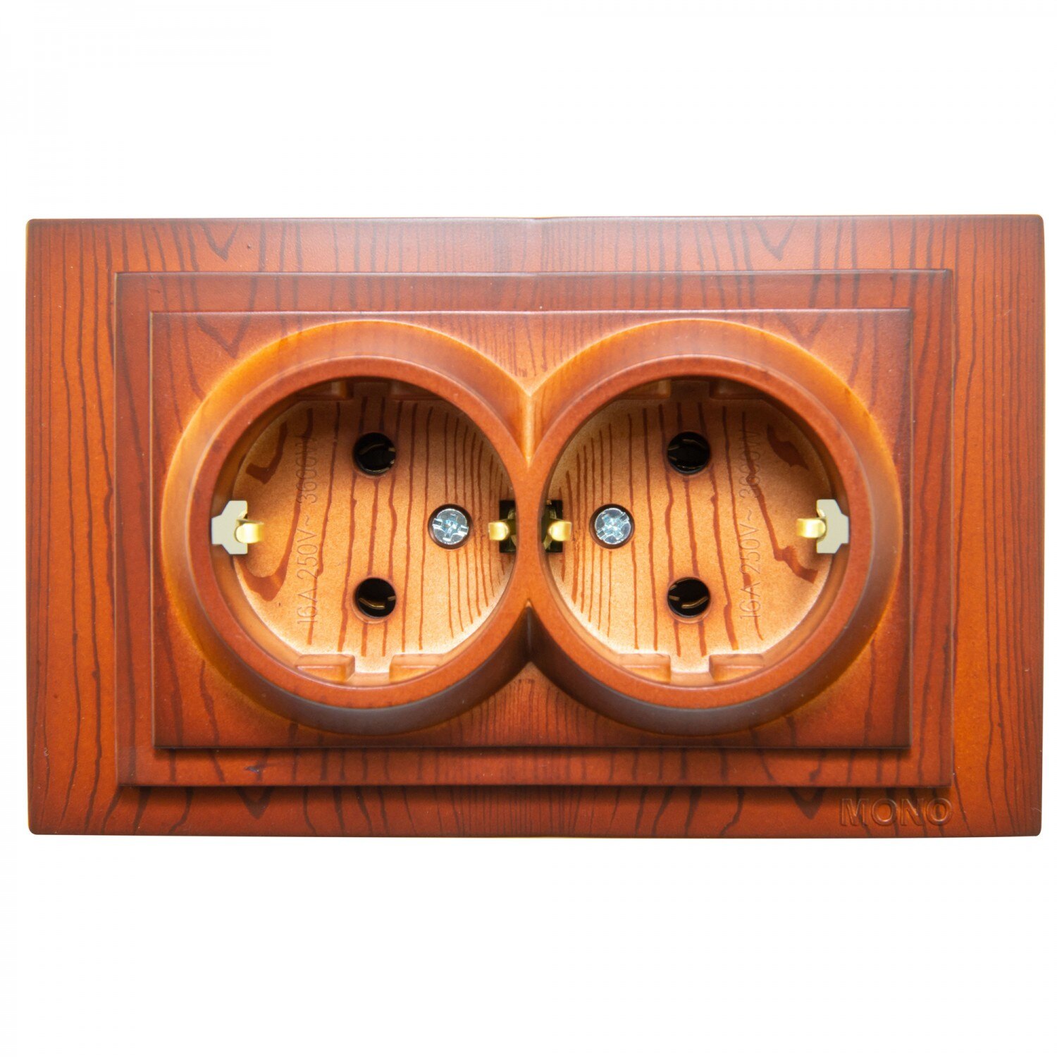 Priza Mono Electric, dublu, incastrata, contact de protectie, rama inclusa, cires, 80 x 130 mm