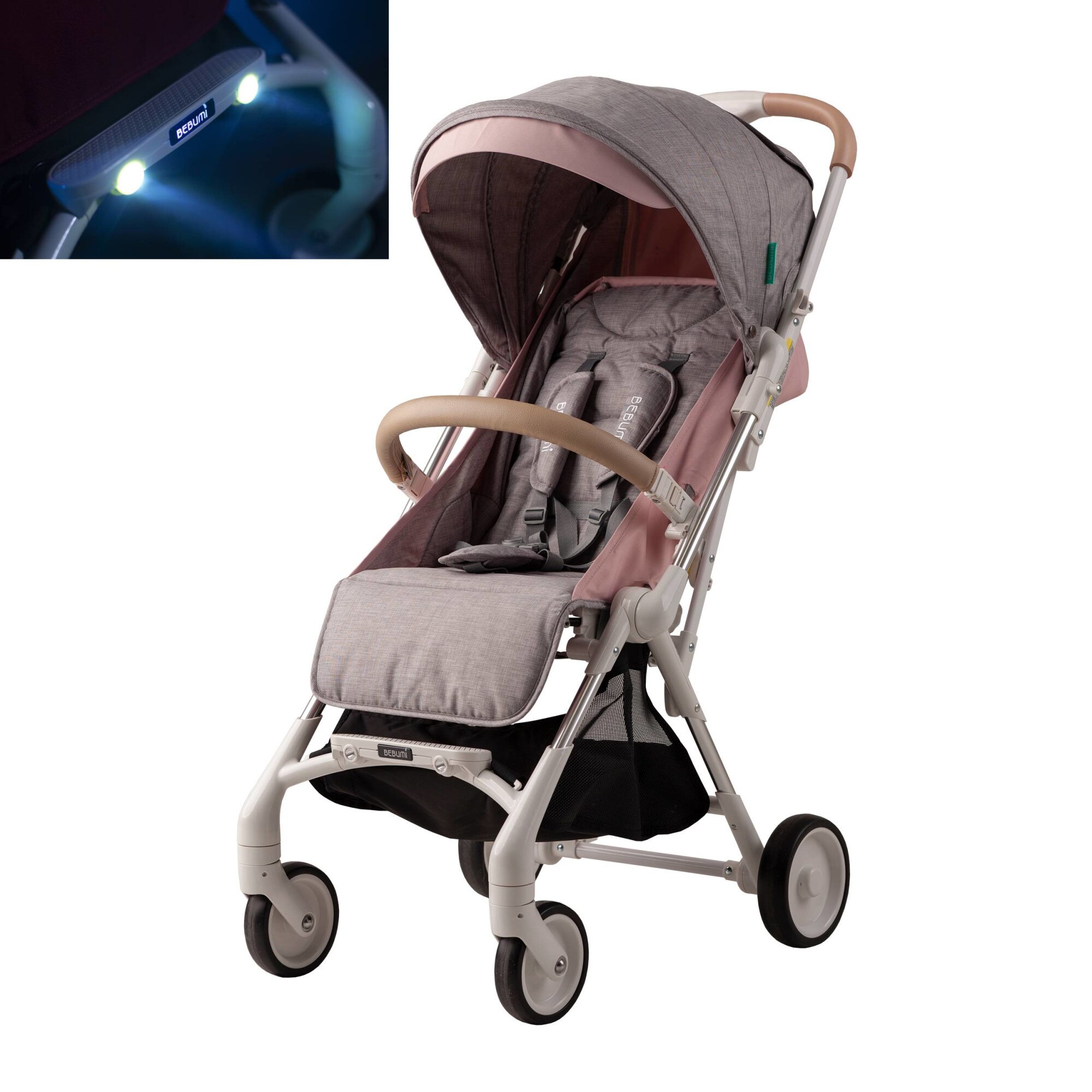 Carucior cu lumini de noapte Bebumi Spotlight, compact, grey+pink