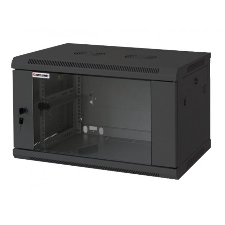 Окачен метален шкаф Intellinet Rack 19" 9U, 600x450mm, Сглобен, Стъклена врата, Черен