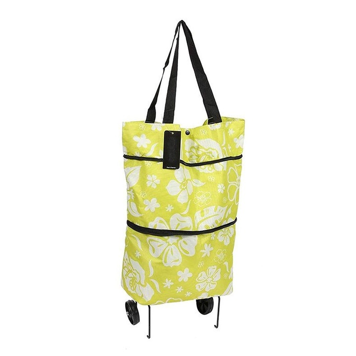 Sacosa pliabila-carucior cu roti pentru cumparaturi, 32cm x 38cm galbena