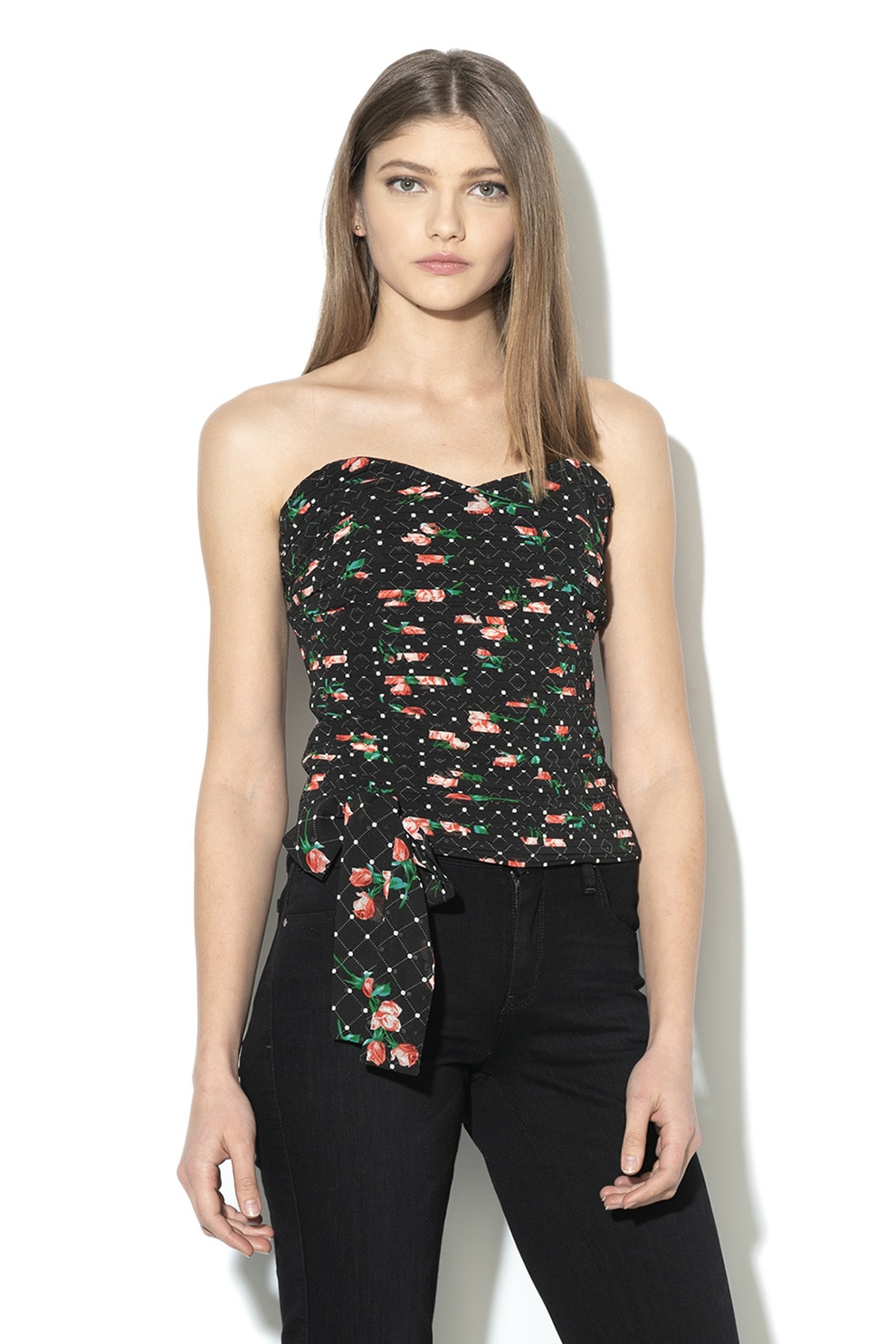 GUESS JEANS, Top de sifon cu pliuri, Negru/Alb/Rosu