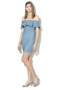 GUESS JEANS, Rochie cu decolteu pe umeri si volane, Albastru/Negru/Gri, L GUESS JEANS, Rochie cu decolteu pe umeri si volane, Albastru/Negru/Gri, L