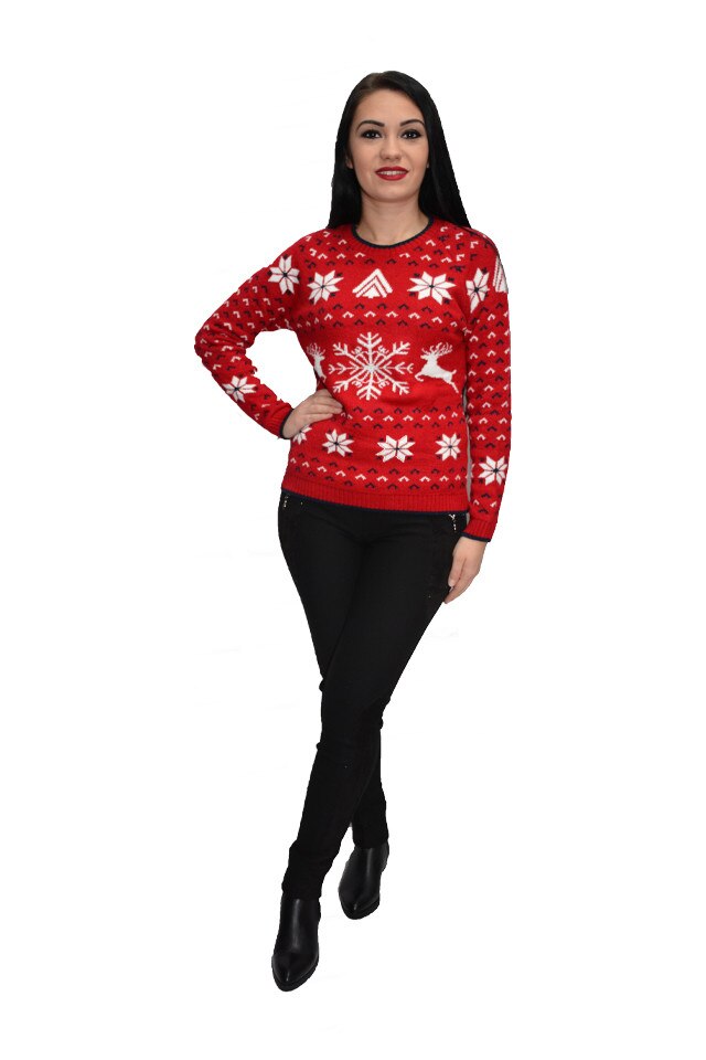 Pulover tricotat cu fulgi de nea, D&J Exclusive, Rosu