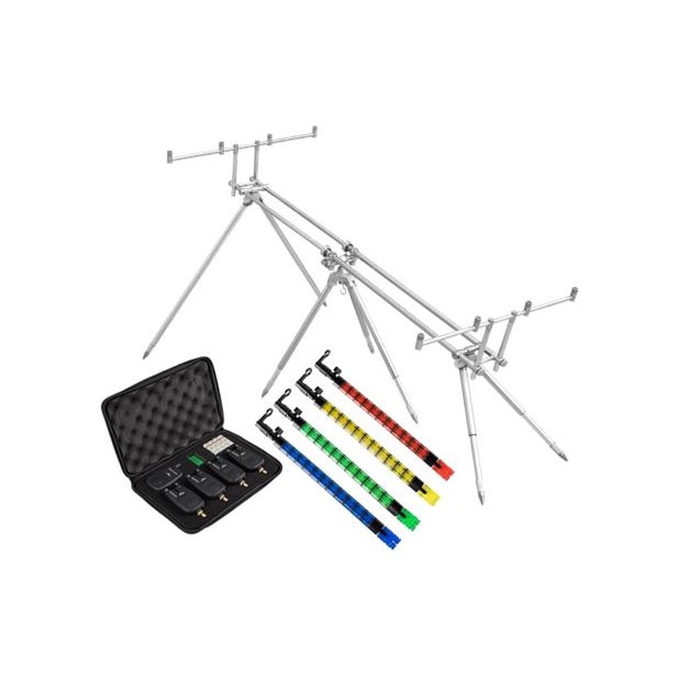 Set 4 avertizori cu statie, model nou + Set 4 Swingere, Flex, model nou, in 4 culori + Rodpod, Baracuda, RP9, 4 posturi, pentru 4 lansete