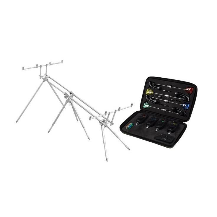 Set 4 senzori cu statie si 4 swingere color, Eastshark, cu Valigeta pentru transport + Rodpod, Baracuda, RP9, 4 posturi, pentru 4 lansete