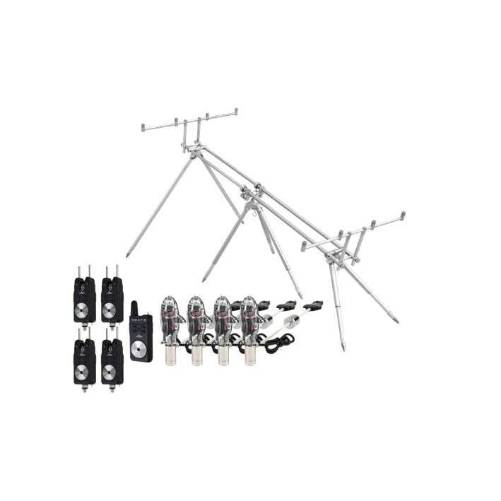 Set 4 avertizori cu statie, cu snagbar + Set 4 Swingere, model nou, forma de peste + Rodpod, Baracuda, RP9, 4 posturi, pentru 4 lansete