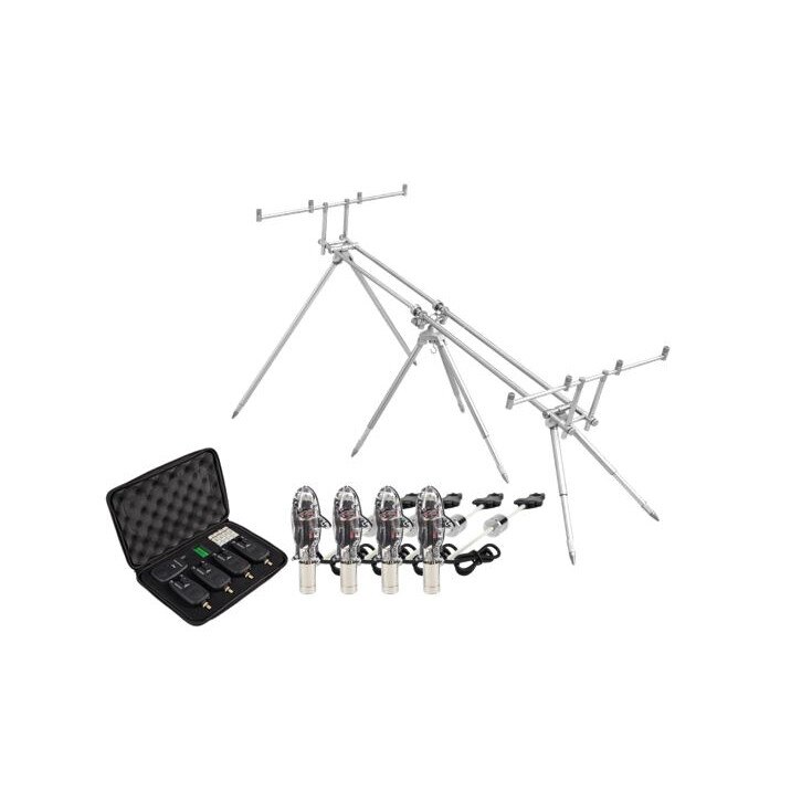 Set 4 avertizori cu statie, model nou + Set 4 Swingere, model nou, forma de peste + Rodpod, Baracuda, RP9, 4 posturi, pentru 4 lansete