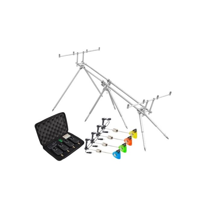 Set 4 avertizori cu statie, model nou si Set 4 swingere, cu iluminare color + Rodpod, Baracuda, RP9, 4 posturi, pentru 4 lansete