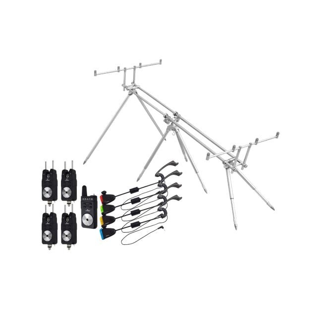 Set 4 avertizori cu statie, cu snagbar + Set 4 Swingere, model nou, in 4 culori + Rodpod, Baracuda, RP9, 4 posturi, pentru 4 lansete