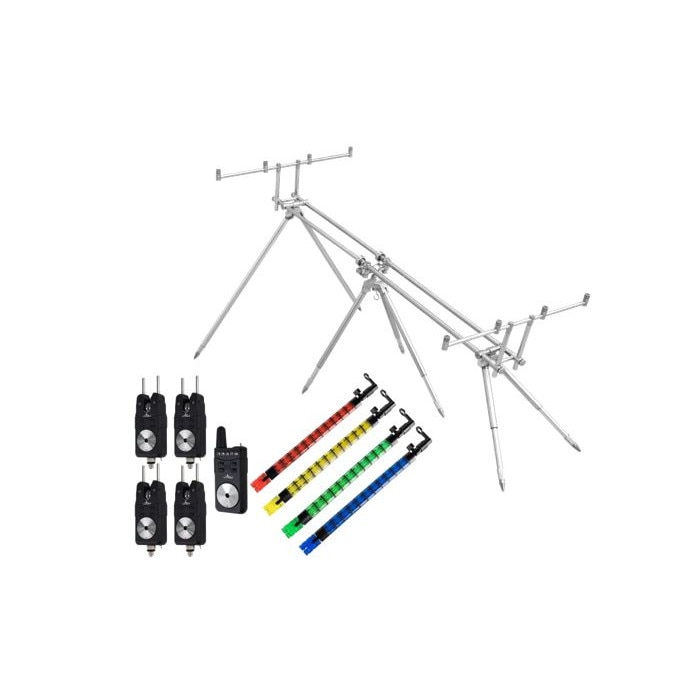 Set 4 avertizori cu statie, cu snagbar + Set 4 Swingere, Flex, model nou,in 4 culori + Rodpod, Baracuda, RP9, 4 posturi, pentru 4 lansete