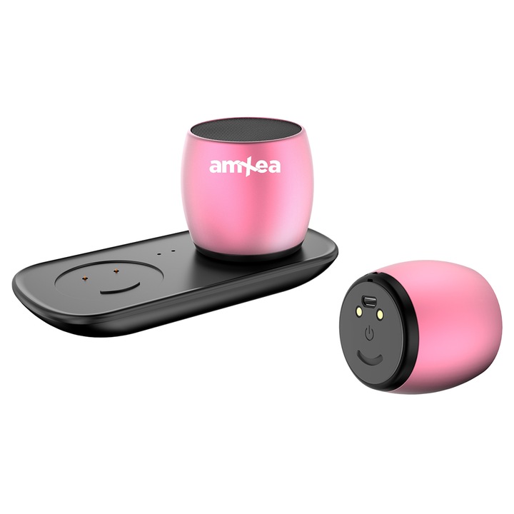 Set 2 Boxe portabile amXea F1 Roz cu statie de alimentare,, wireless, bluetooth, baza magnetica, boxa portabila