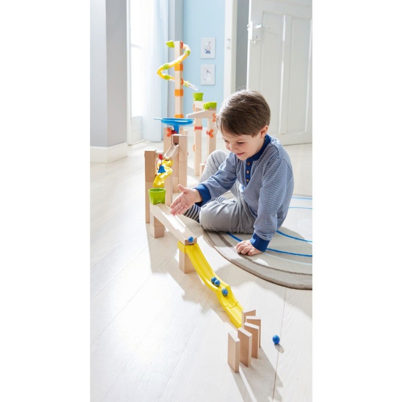 Set de tobogane cu bile si piese de daramat, Haba, Lemn, 4 ani+