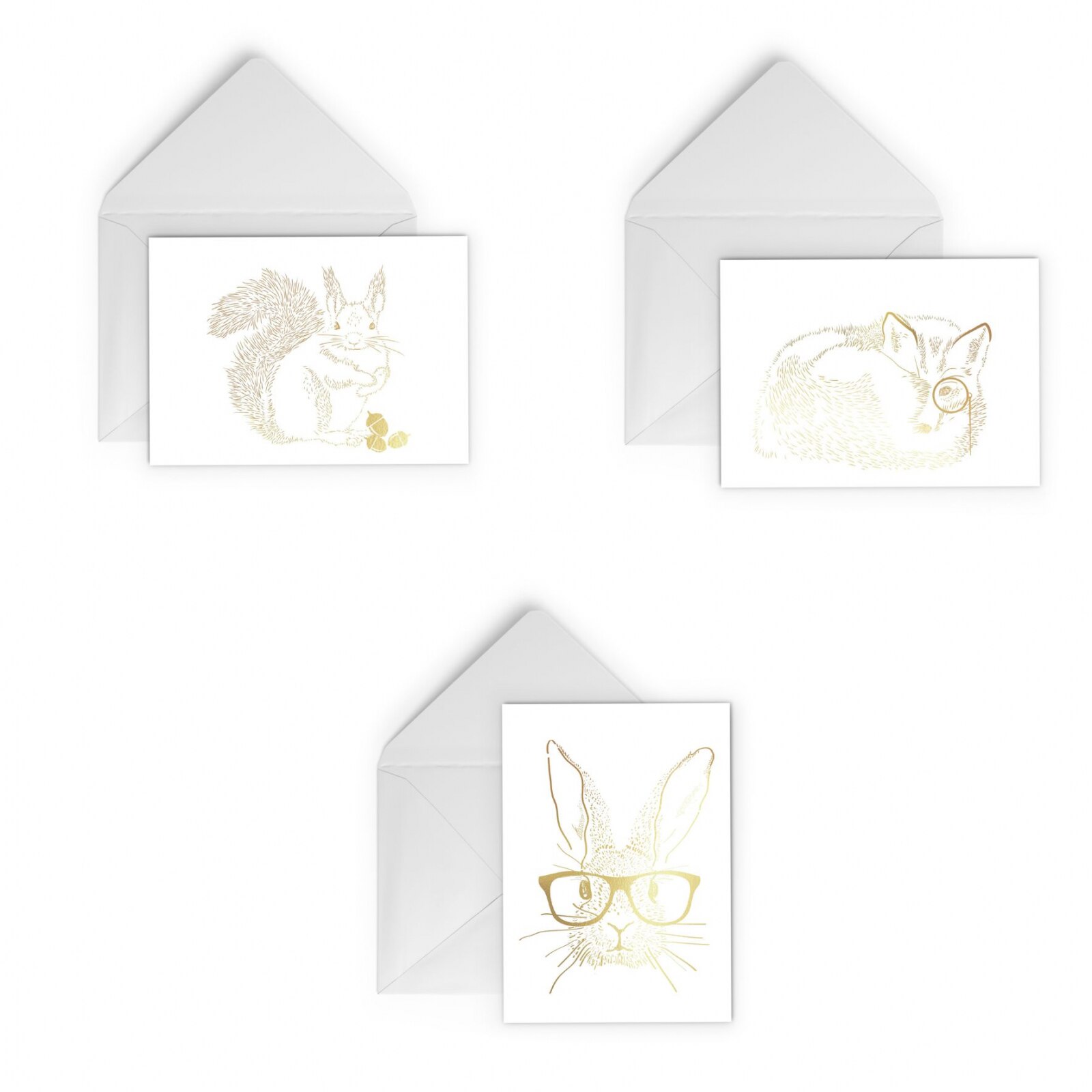 Set 3 felicitari cu plic, Animalele Padurii, colaj auriu stralucitor